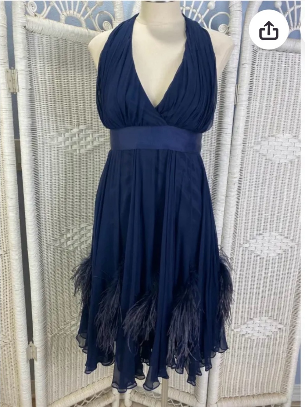 Betsey Johnson Navy Halter Feather-Trim Cocktail Dress